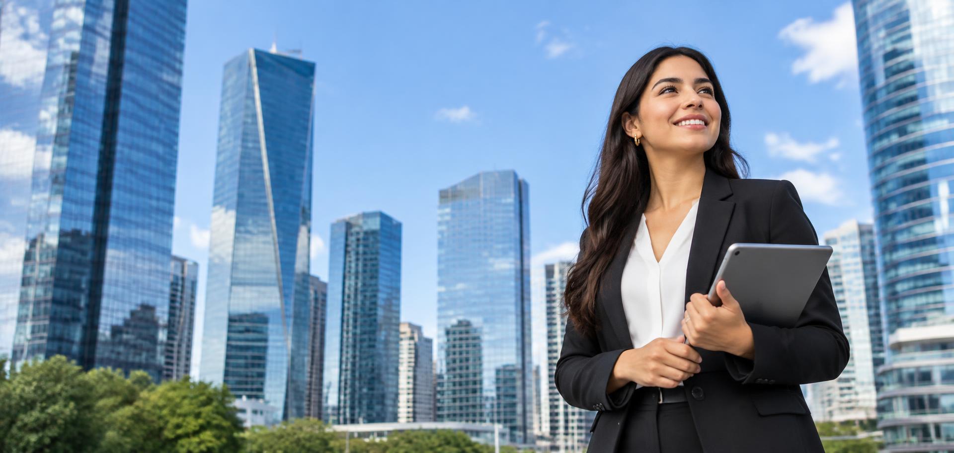 Emprendedora sonriente con una tablet frente a edificios modernos